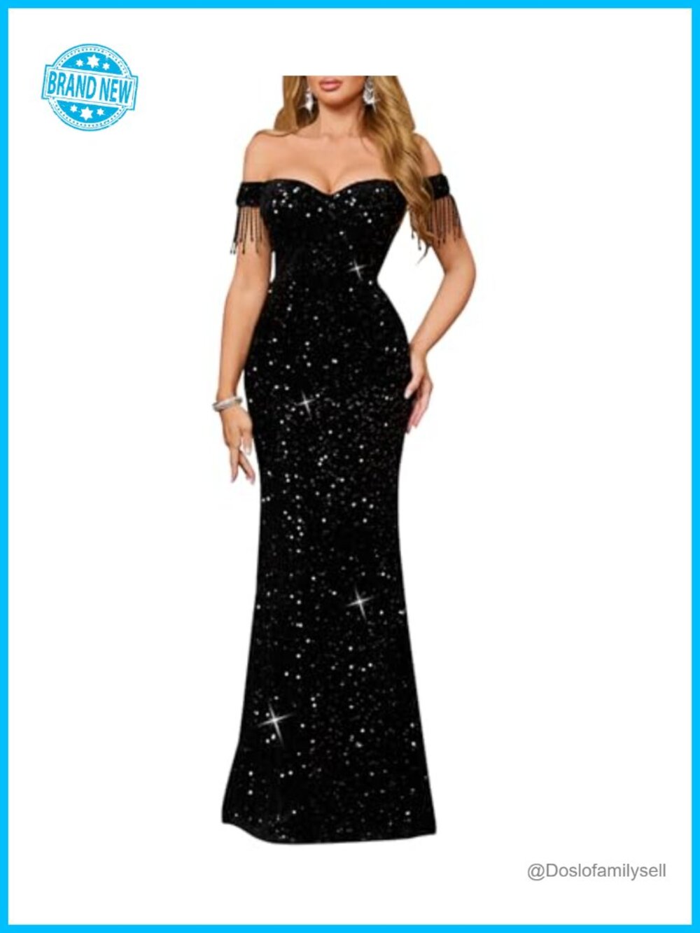 Off Shoulder Sequin Evening Gown Tassel Sleeve Formal Maxi Dress Wedding Prom